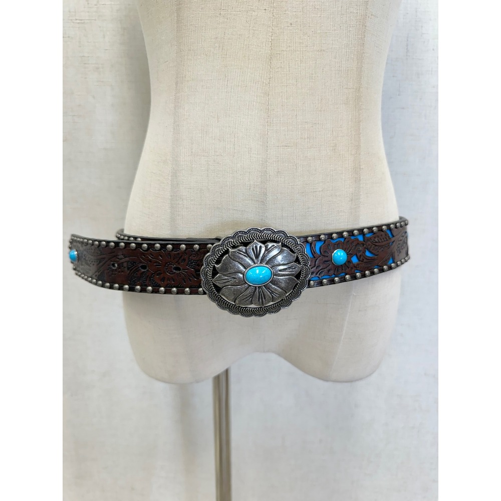 Leather Turquoise Floral Tooled Western Belt Womens Medium/Large Vegan‎ Leather